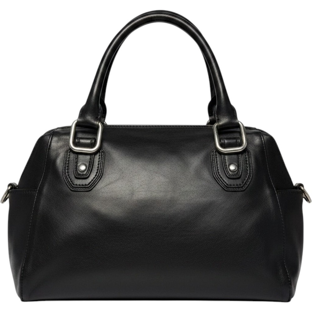 Vtg Fossil Black Leather Bucket Purse 15"x14" Key Charm Zip Inside Pocket